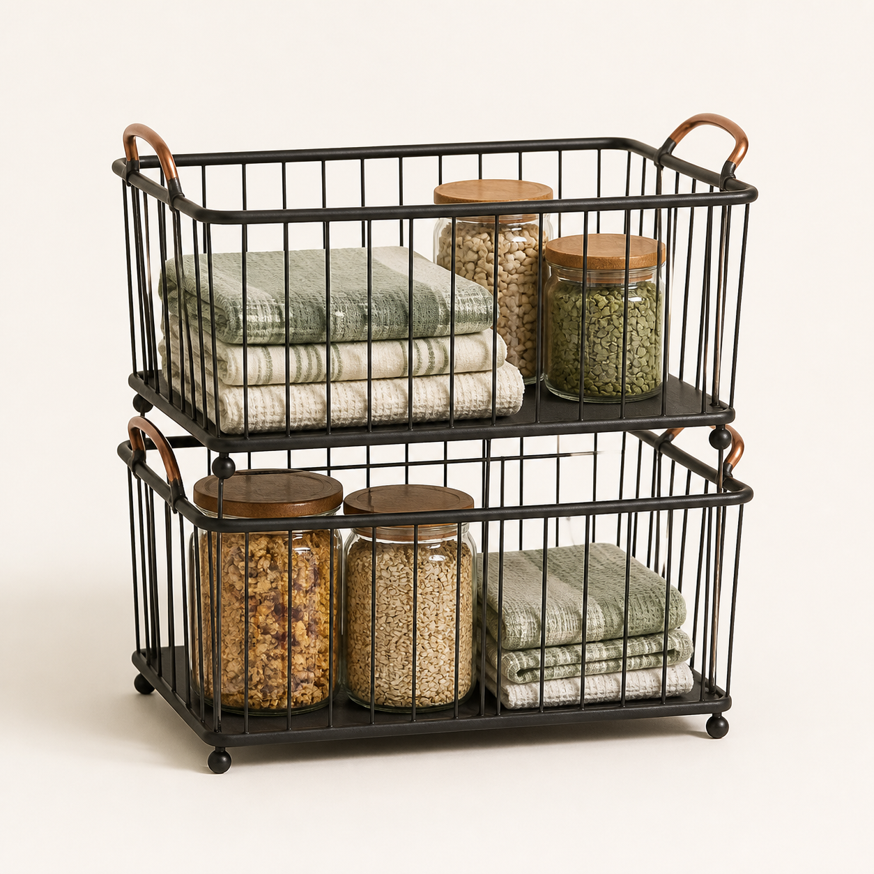 Two black wire storage baskets stacked with copper-tone handles