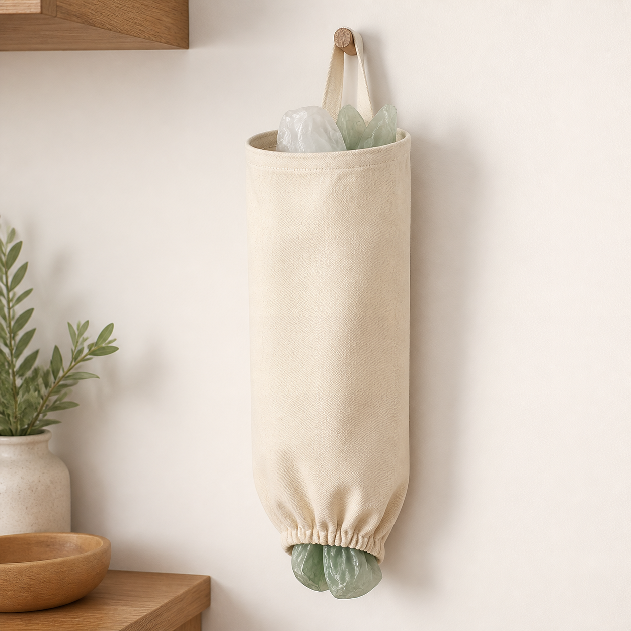 Natural cotton grocery bag holder mounted on a pantry wall