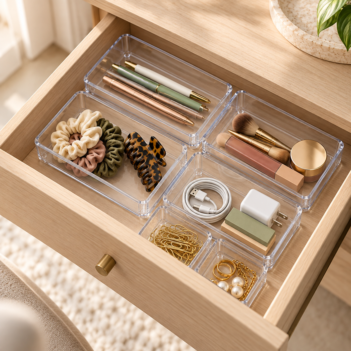 Six Yoaxo clear organizer trays arranged inside a desk drawer