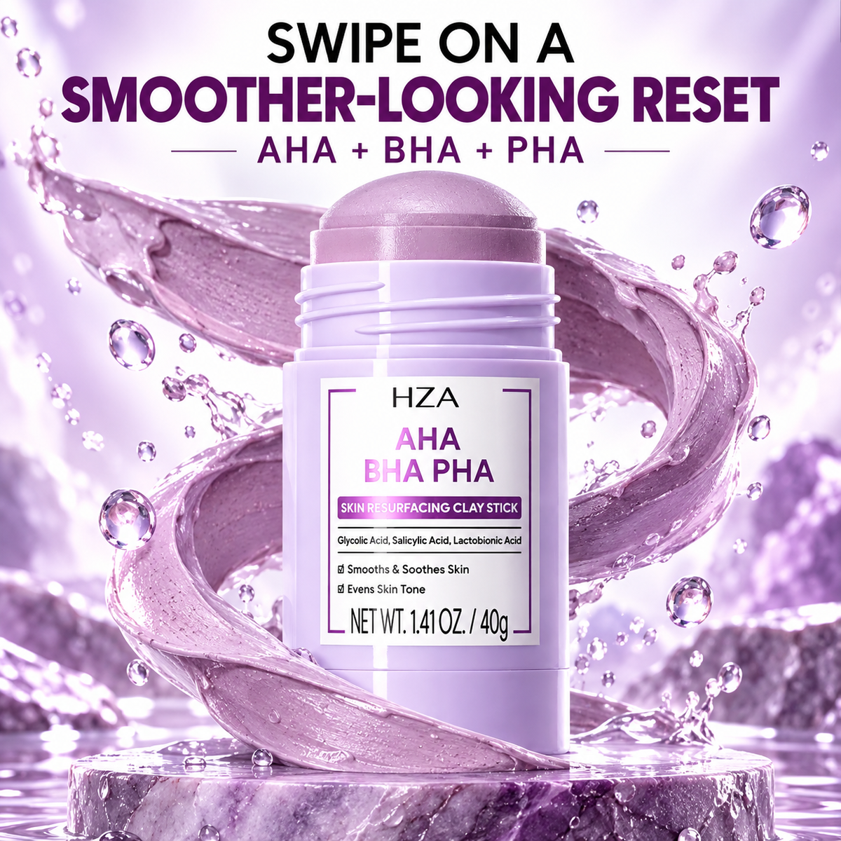 HZA Exfoliating Clay Mask Stick with AHA BHA PHA & Glycolic Acid