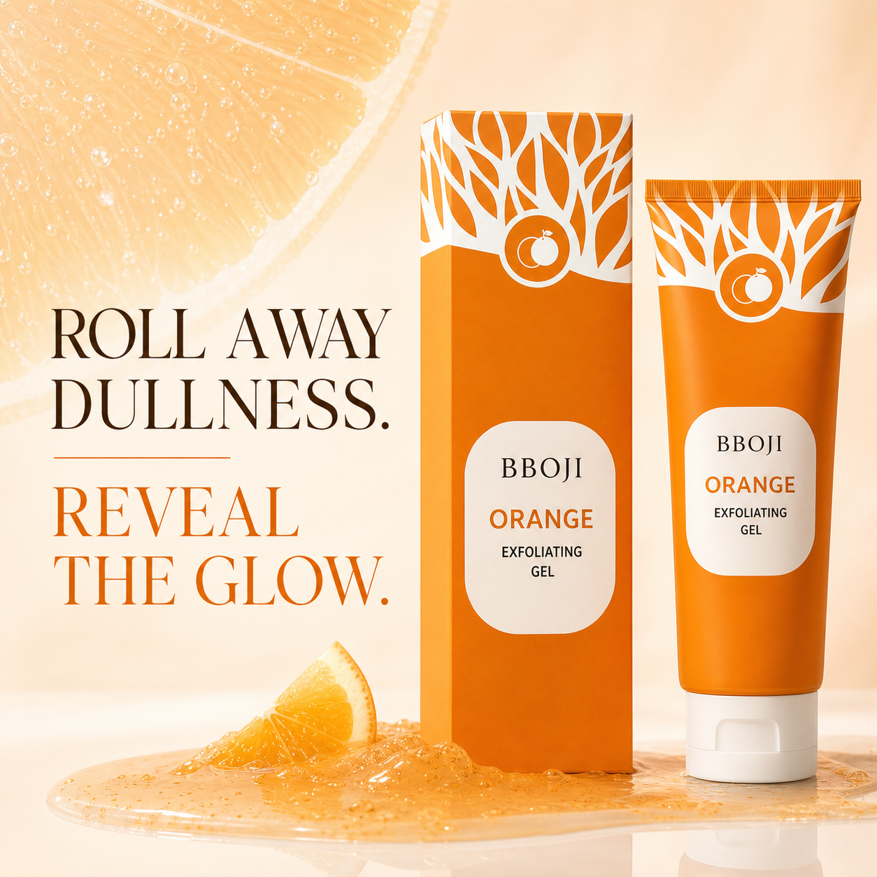 BBOJI Orange Exfoliating Gel hero with Roll Away Dullness headline