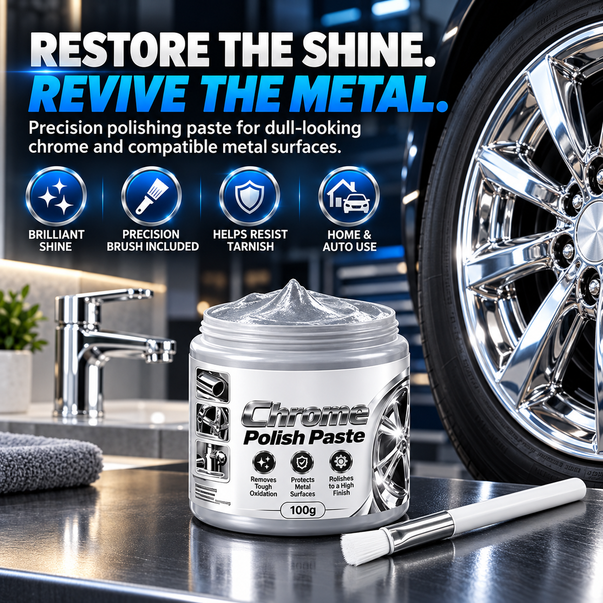 Metal Chrome Polish & Restorer Paste with Brush