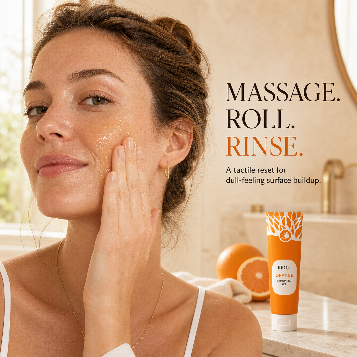 Woman gently massaging BBOJI Orange Exfoliating Gel onto her cheek