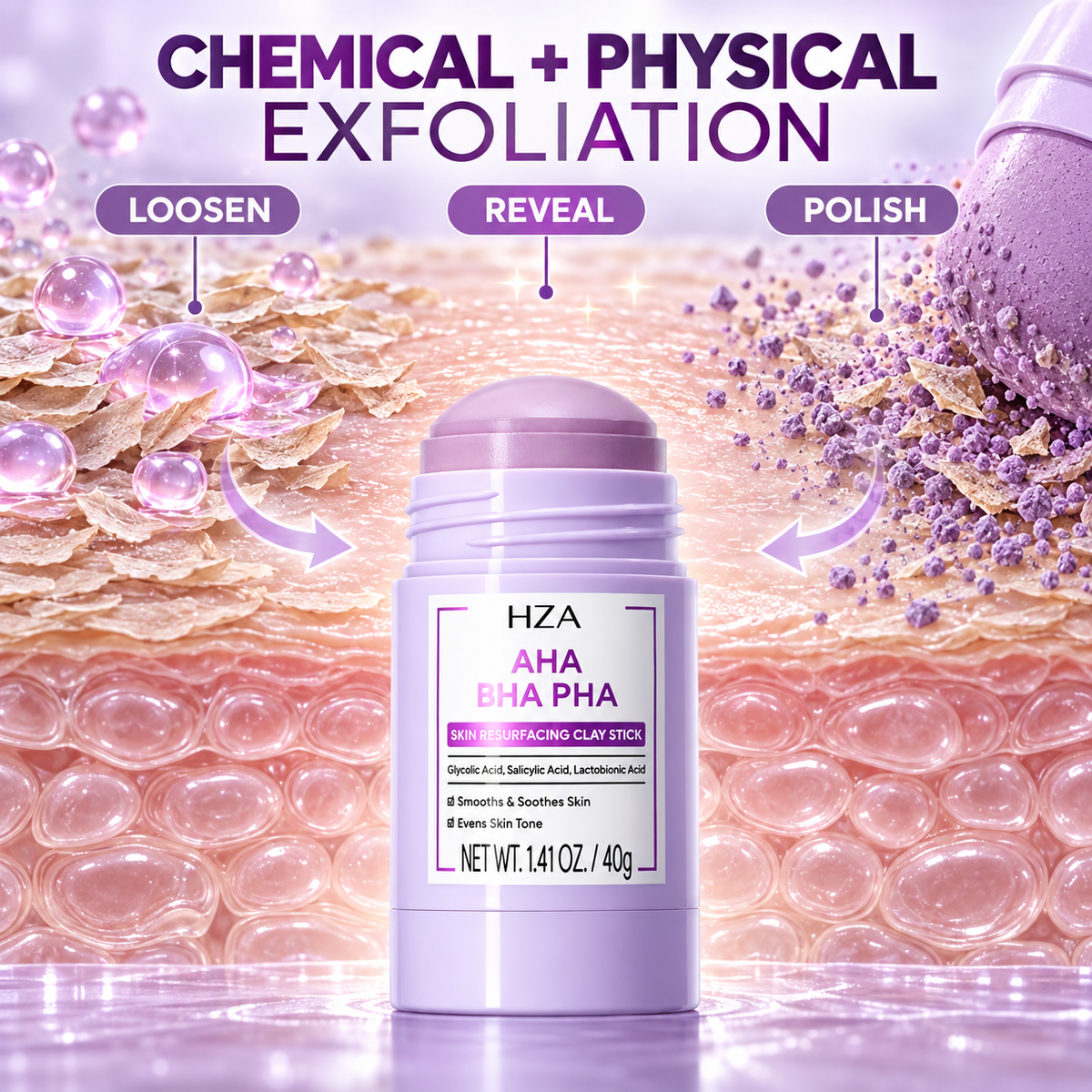 HZA Exfoliating Clay Mask Stick with AHA BHA PHA & Glycolic Acid