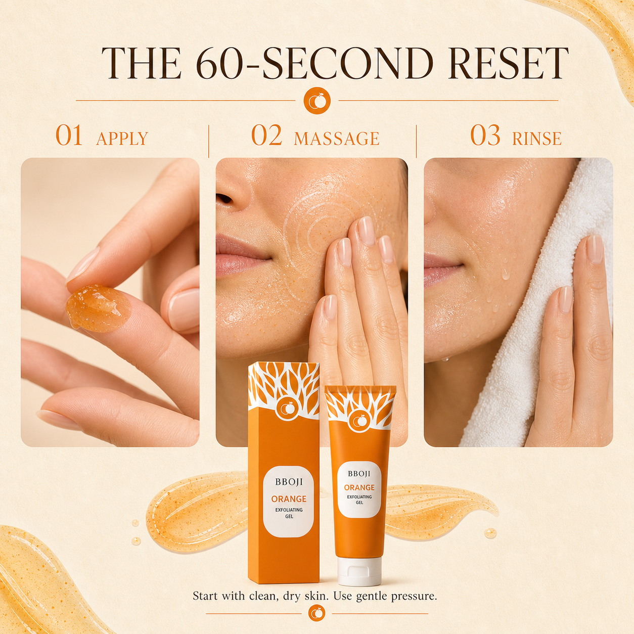 Apply massage and rinse guide for BBOJI Orange Exfoliating Gel