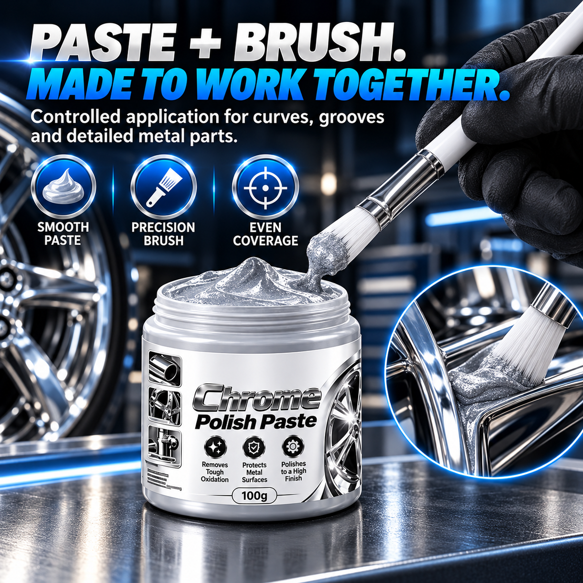 Metal Chrome Polish & Restorer Paste with Brush