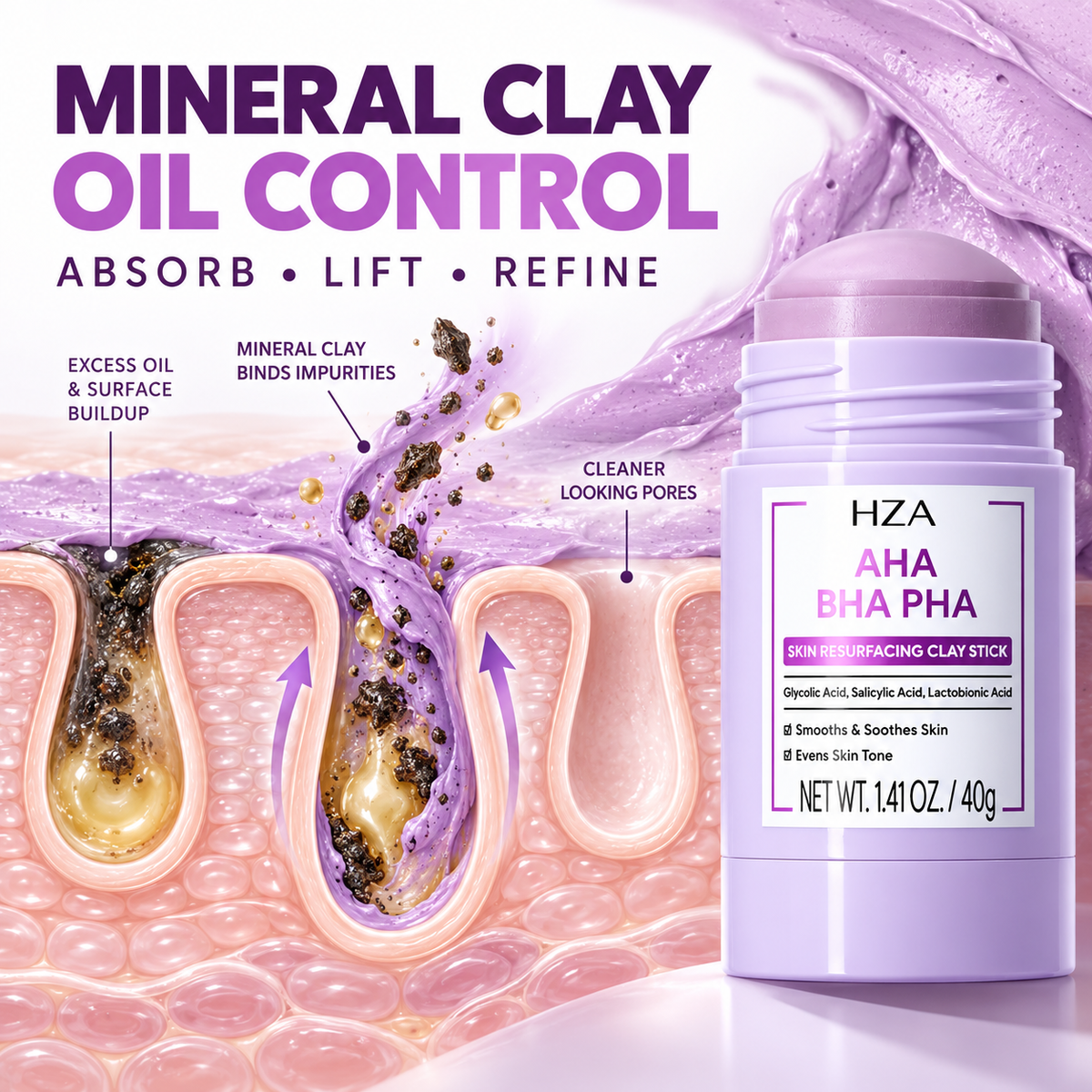 HZA Exfoliating Clay Mask Stick with AHA BHA PHA & Glycolic Acid