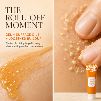 Close-up explanation of the exfoliating gel roll-off texture