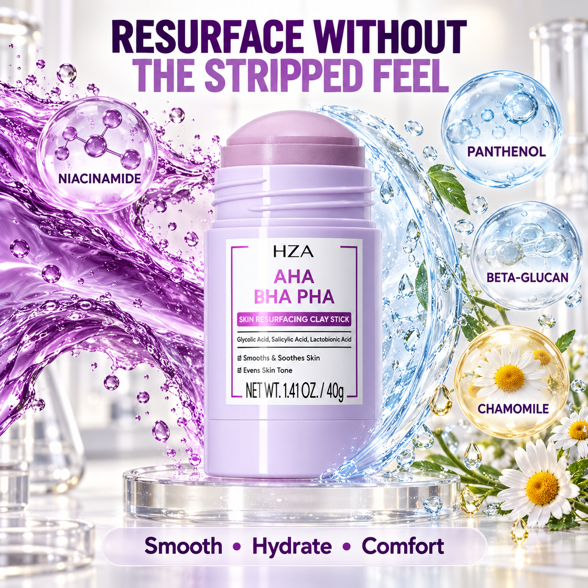 HZA Exfoliating Clay Mask Stick with AHA BHA PHA & Glycolic Acid