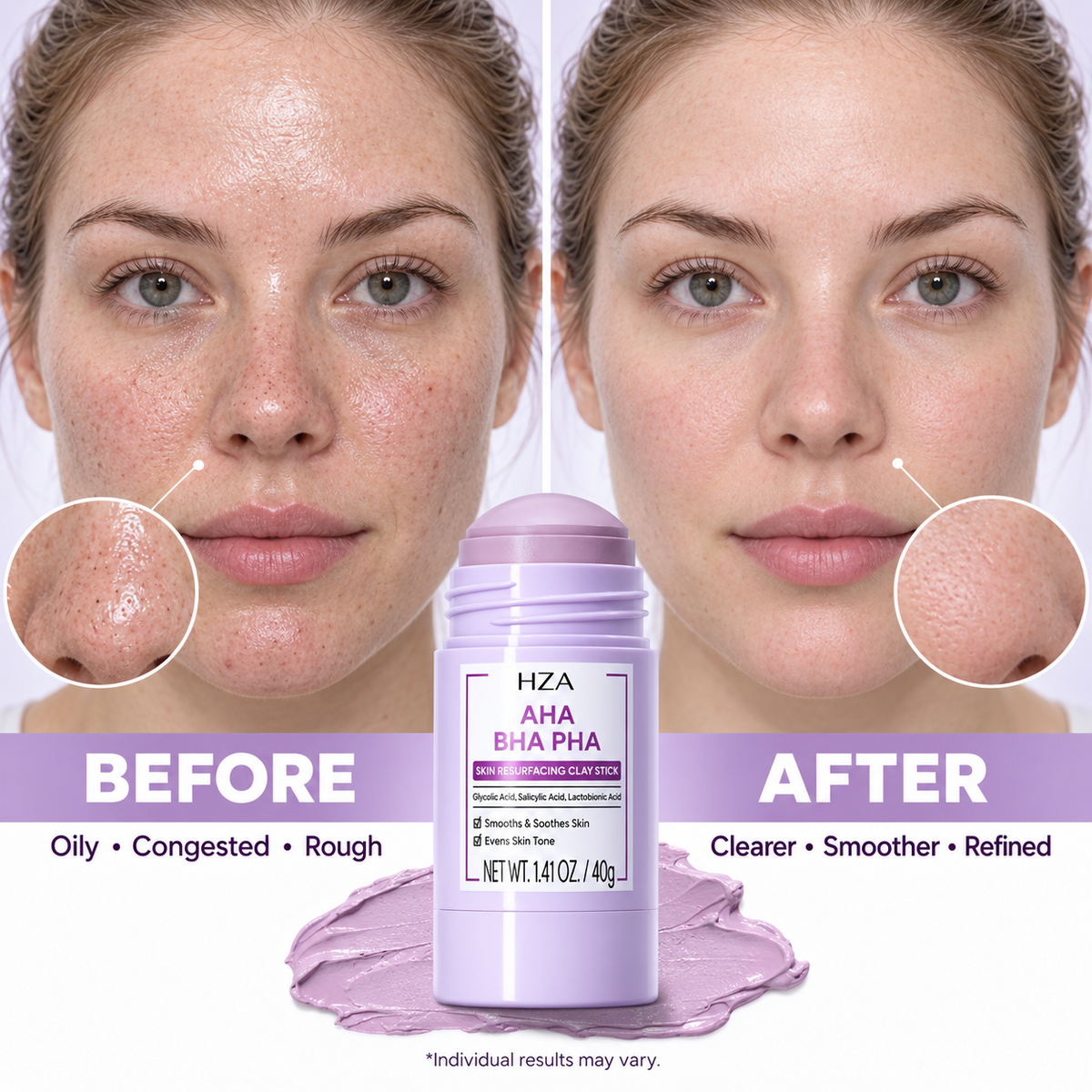 HZA Exfoliating Clay Mask Stick with AHA BHA PHA & Glycolic Acid