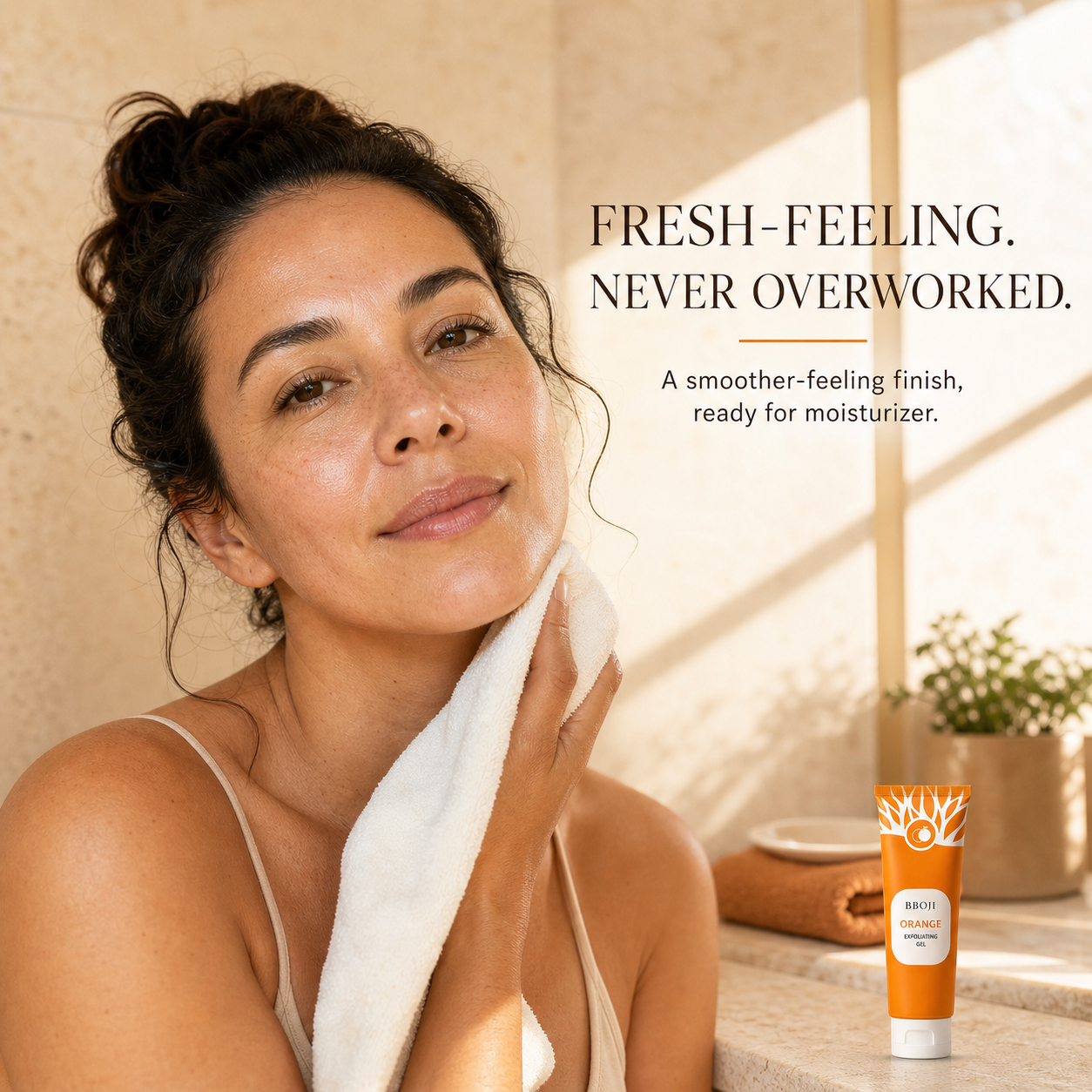 Woman revealing a fresh smooth-feeling skin finish after rinsing