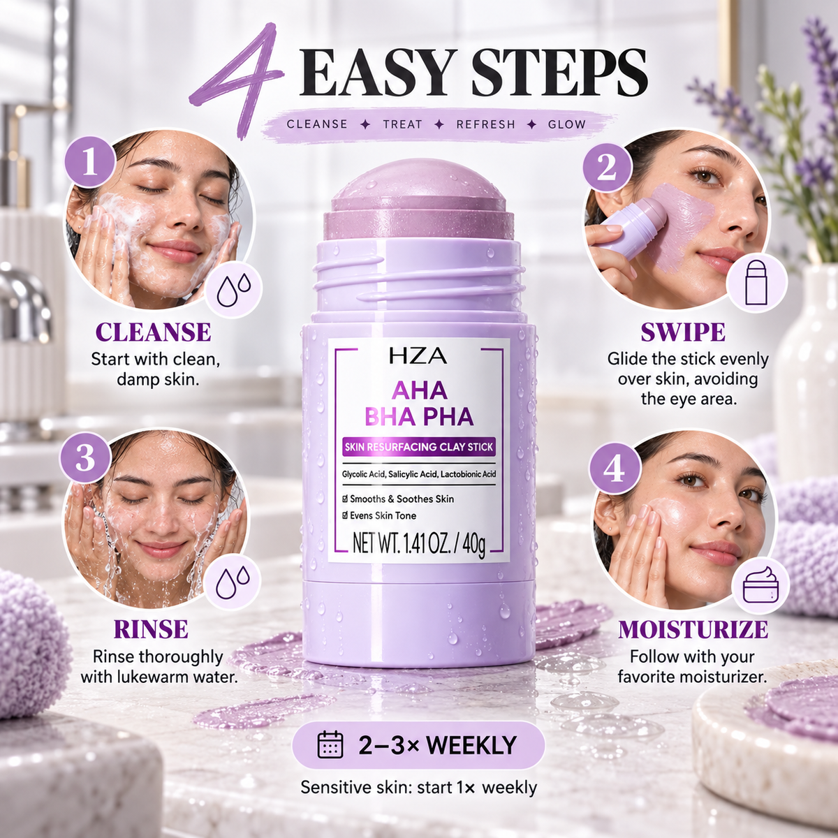 HZA Exfoliating Clay Mask Stick with AHA BHA PHA & Glycolic Acid