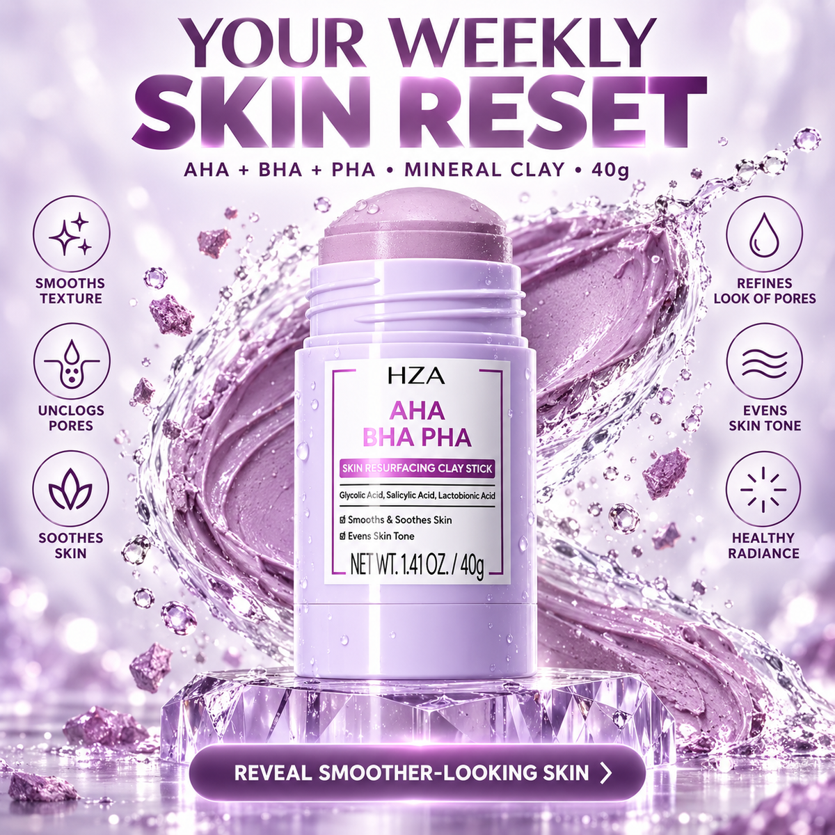 HZA Exfoliating Clay Mask Stick with AHA BHA PHA & Glycolic Acid
