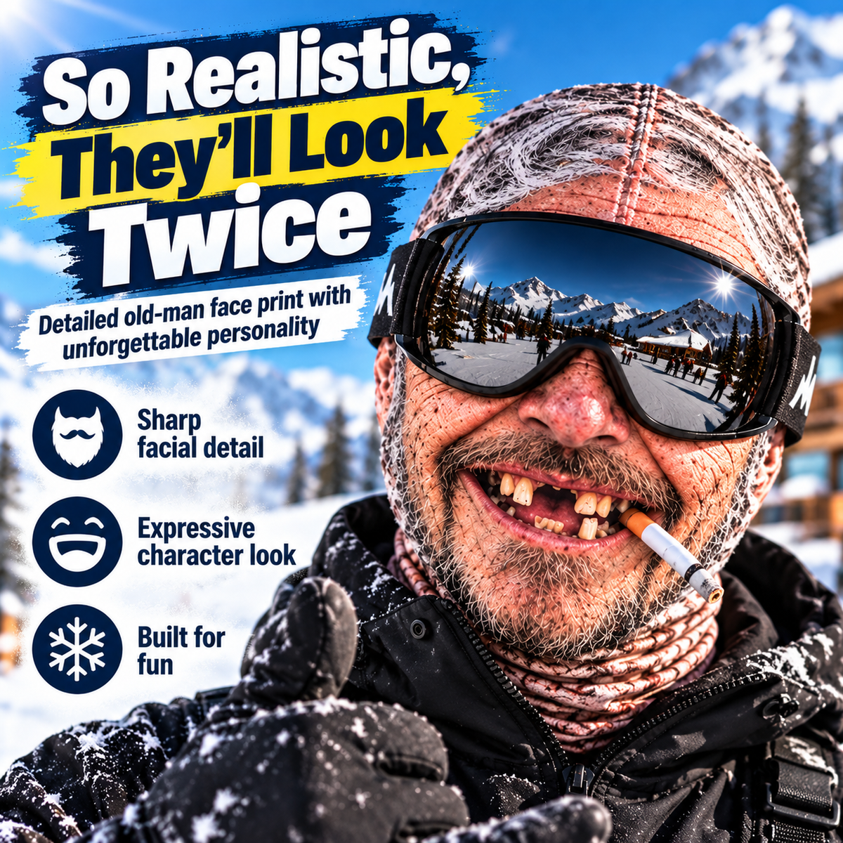 Old Man Ski Winter Face Mask 3D Funny Realistic Face Balaclava Party Gear