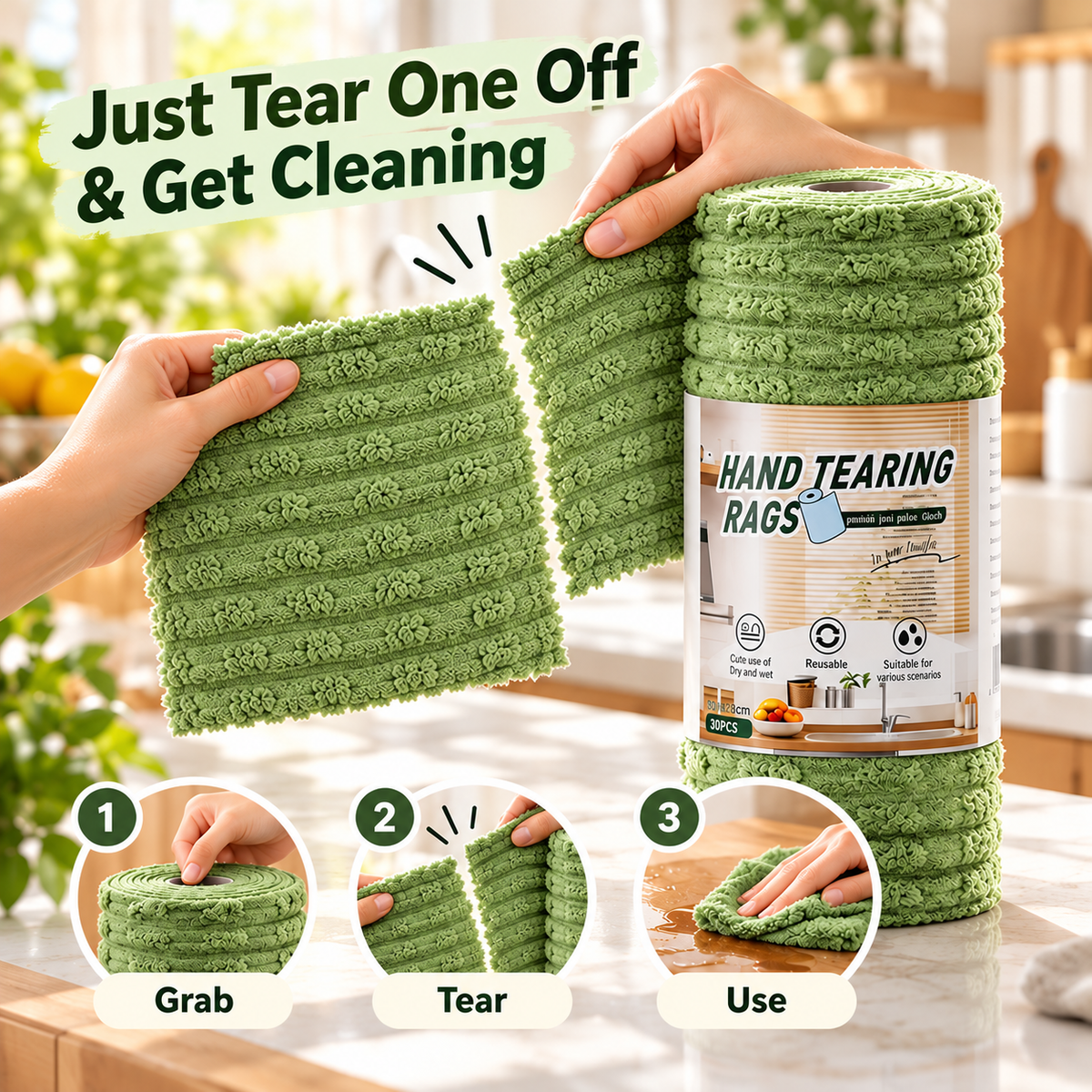 🔥Buy 2 Get 1 Free🔥Tear-Off Microfiber Cleaning Cloth Roll, Absorbent Lint-Free