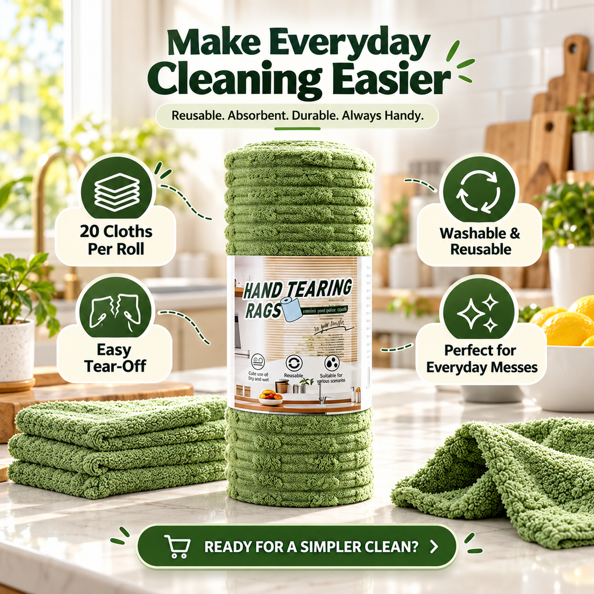 🔥Buy 2 Get 1 Free🔥Tear-Off Microfiber Cleaning Cloth Roll, Absorbent Lint-Free