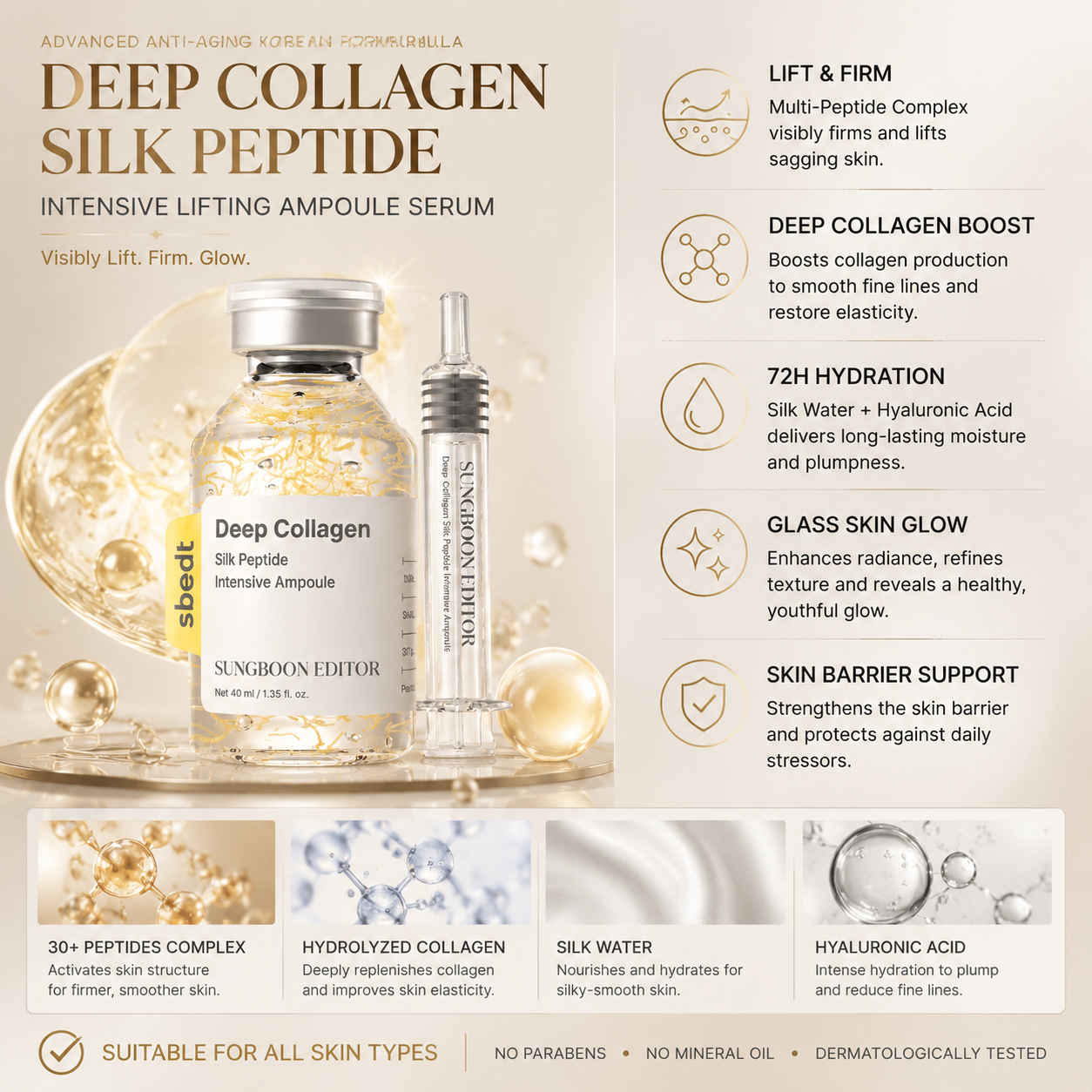 Deep Collagen Silk Peptide Intensive Lifting Ampoule Serum - Korean Anti-Aging Facial Essence