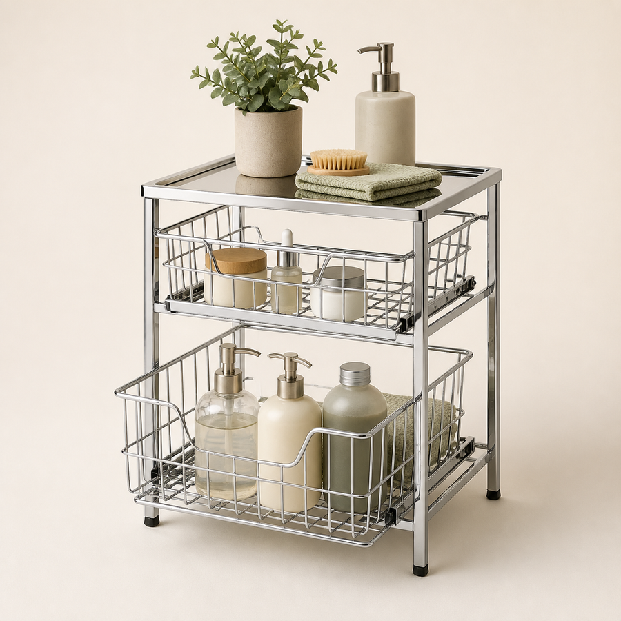 Chrome two-tier organizer with two sliding wire baskets