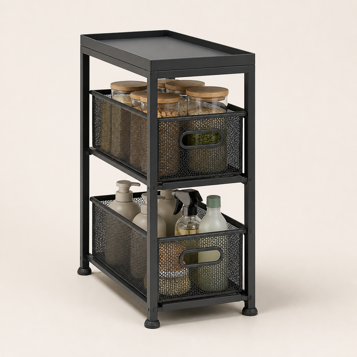 Narrow charcoal two-tier cabinet organizer with sliding mesh baskets