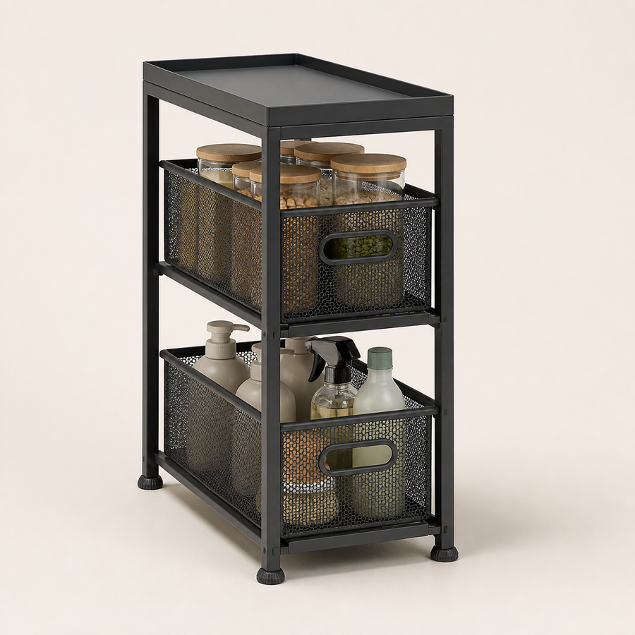 Narrow charcoal two-tier cabinet organizer with sliding mesh baskets