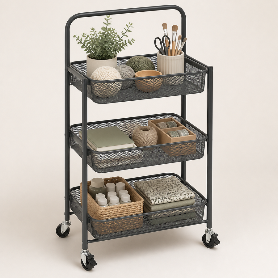 Charcoal three-tier metal utility cart on caster wheels