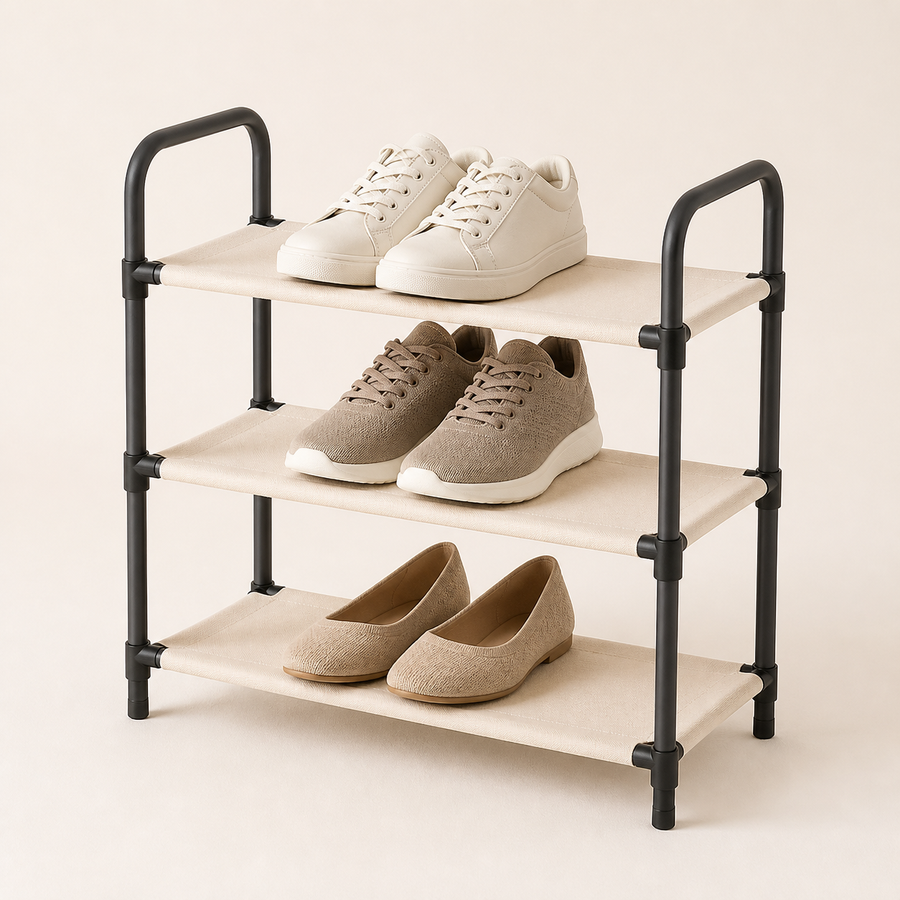 Three-tier ivory fabric shoe rack with neutral shoes