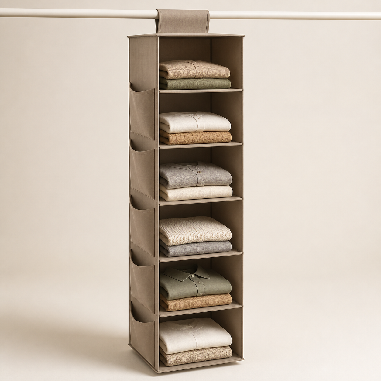 Taupe six-shelf fabric organizer hanging from a closet rail