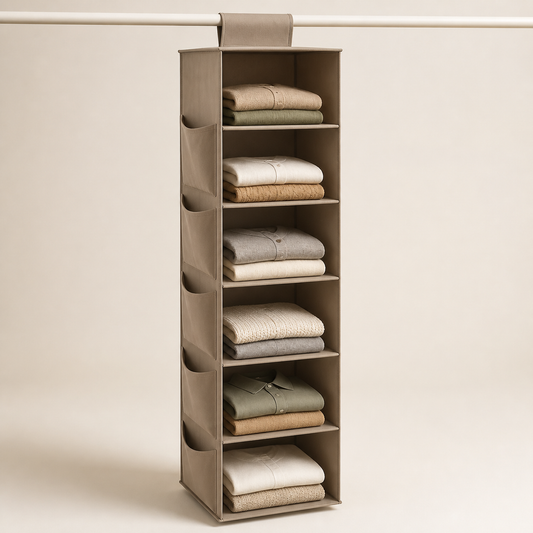 Taupe six-shelf fabric organizer hanging from a closet rail