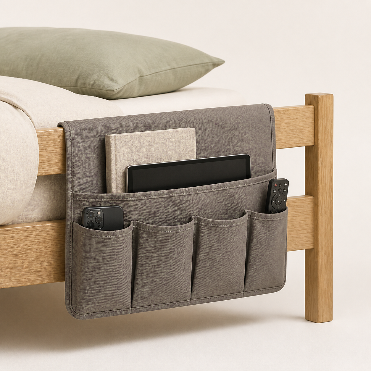 Gray canvas bedside caddy hanging from a bed frame