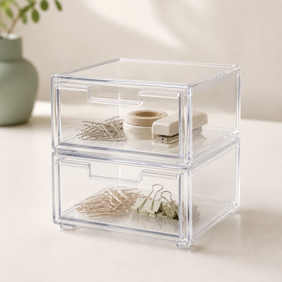 Two clear Cumya mini drawer organizers stacked with small desk supplies inside