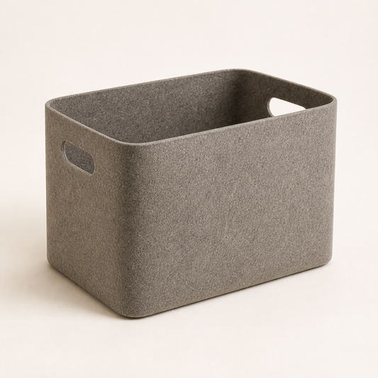 Warm gray collapsible felt storage bin with cutout handles