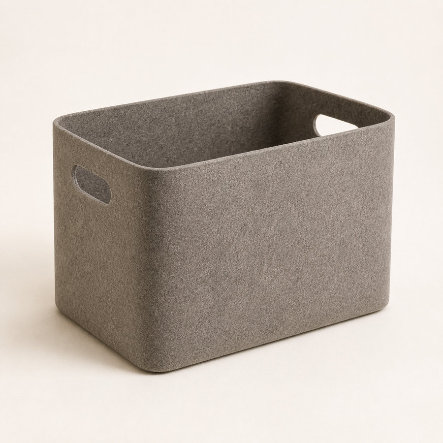 Warm gray collapsible felt storage bin with cutout handles