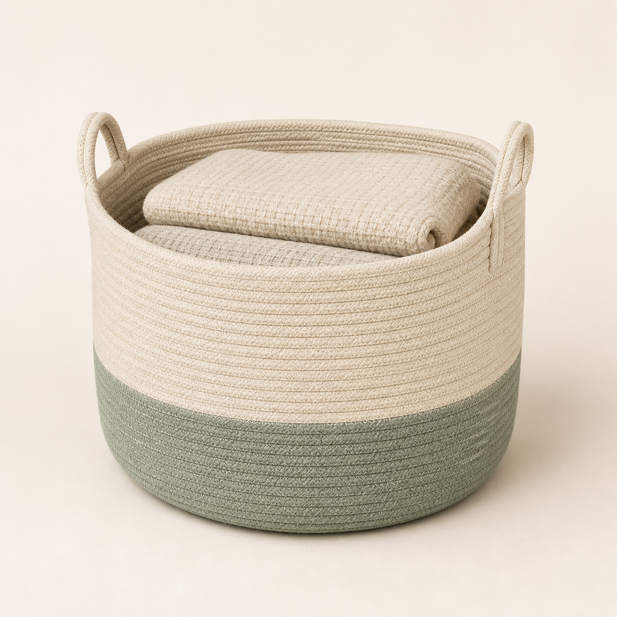 Large natural cotton rope basket holding folded blankets