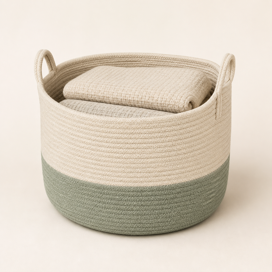 Large natural cotton rope basket holding folded blankets