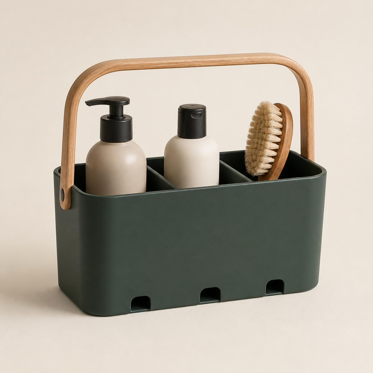 Deep green divided carry caddy with a natural wood handle