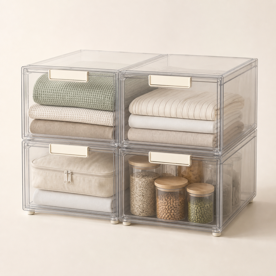 Four large clear storage drawers stacked in a two-by-two arrangement