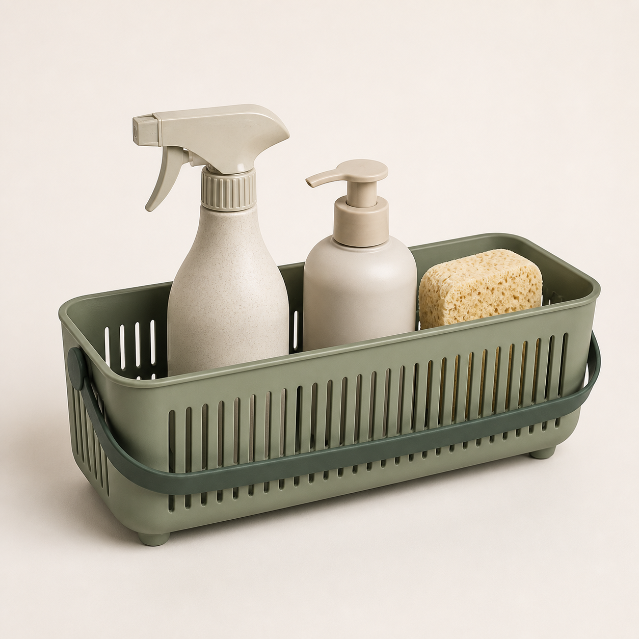 Sage green portable plastic storage caddy with a flexible handle