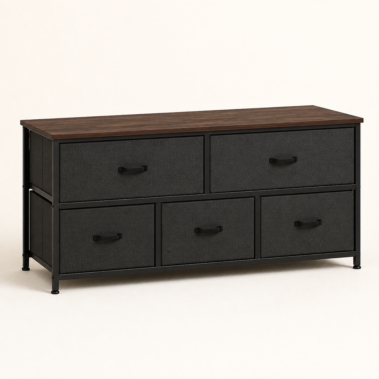 Wide charcoal five-drawer fabric dresser with a dark wood top