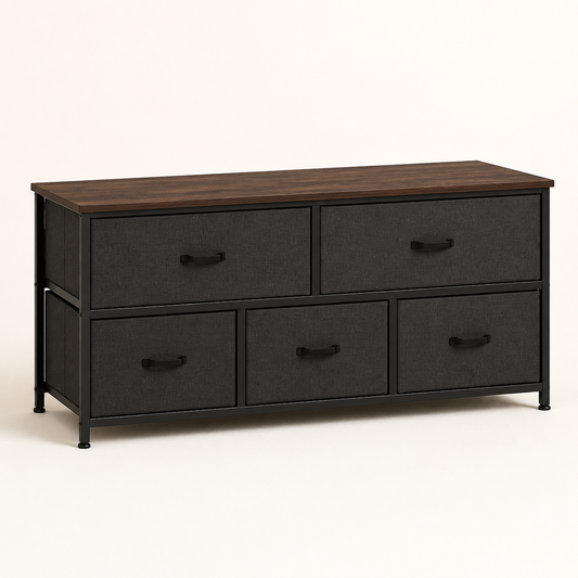 Wide charcoal five-drawer fabric dresser with a dark wood top