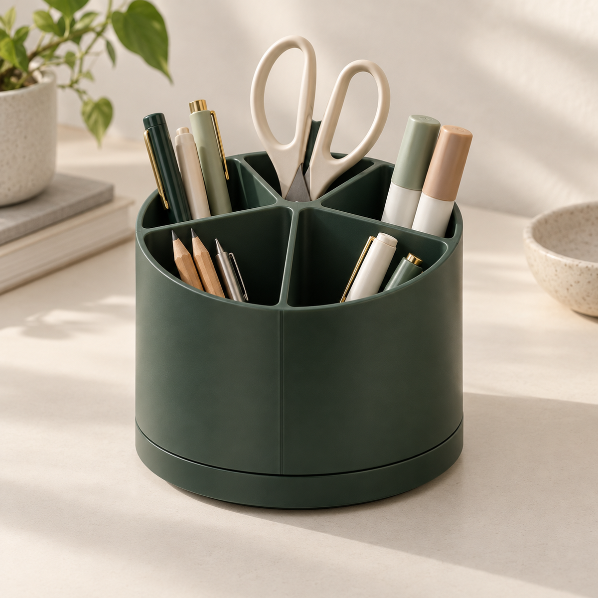 Dark green five-compartment Yoaxo rotating desk organizer with stationery