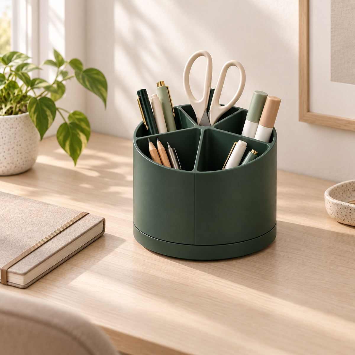 Yoaxo rotating desk organizer in a calm home-office setting