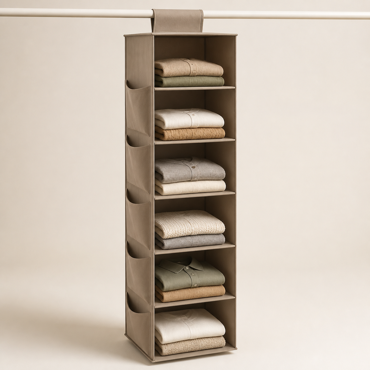 Taupe six-shelf fabric organizer hanging from a closet rail