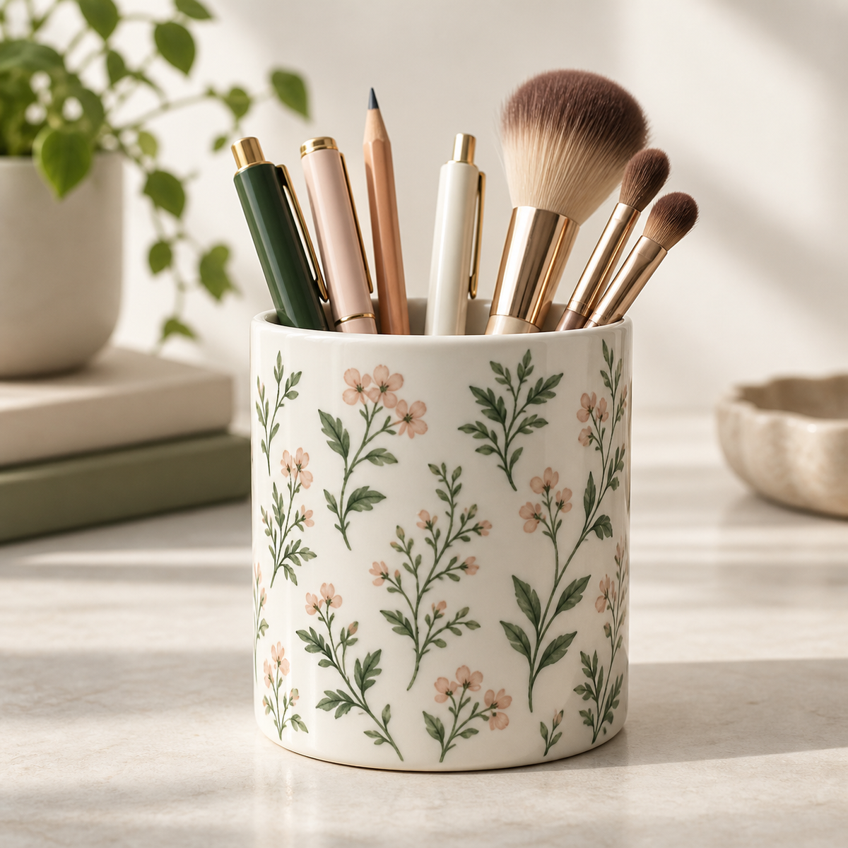 White botanical Yoaxo ceramic cup holding pens and makeup brushes