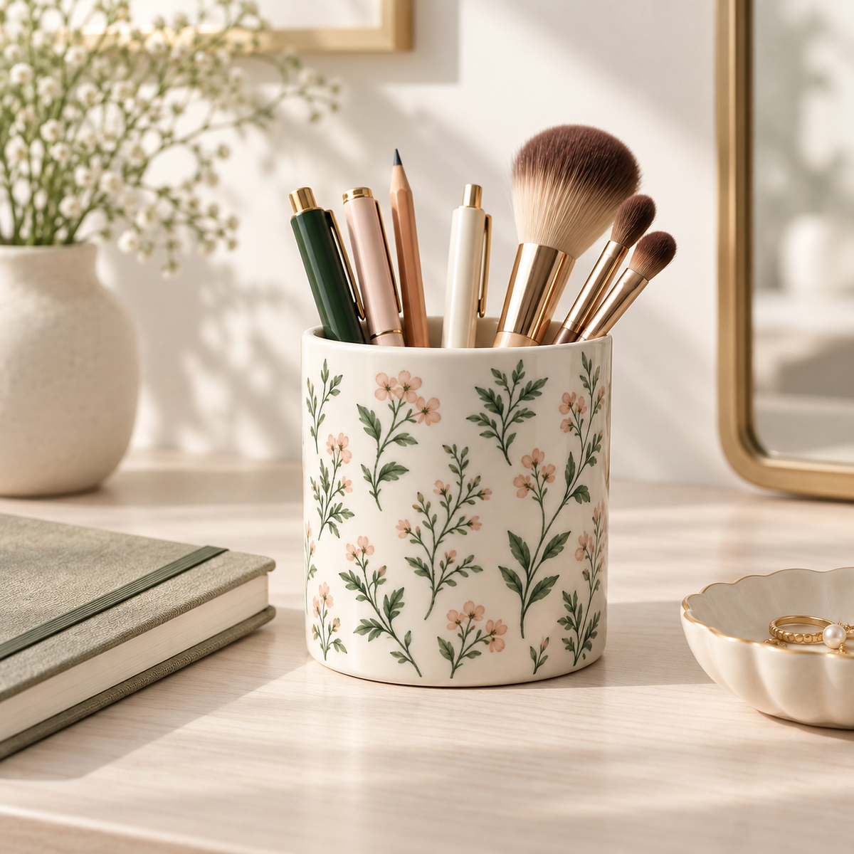 Yoaxo ceramic pen and brush cup on a calm vanity desk