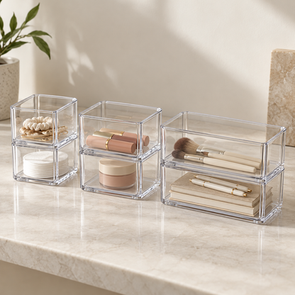 Six thick clear Yoaxo organizer bins stacked in three size pairs