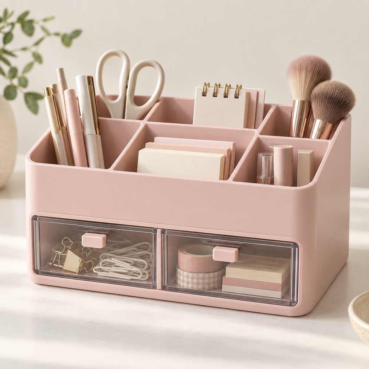 Blush pink Yoaxo desktop organizer with six compartments and two clear drawers