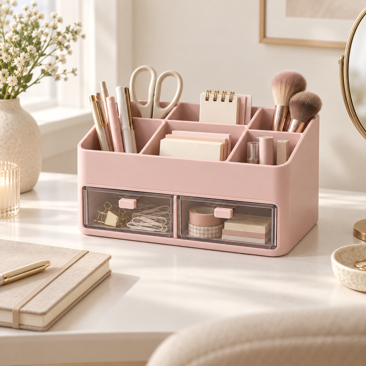 Yoaxo two-drawer desktop organizer on a tidy vanity desk